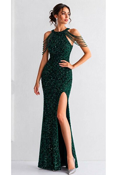 elissaa HALTER YAKA BONCUK DETAYLI YIRTMAÇLI PULPAYET ABİYE ELBİSE