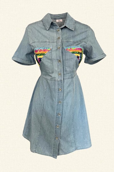 GZ Design Colorful Triangle Embroidered Light Color Mini Jean Dress