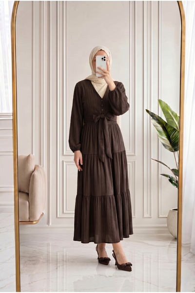 MİHRA STORE Melelle Tie-Front and Buttoned Sleeve Elastic Skirt Set-Ek593 Coffee