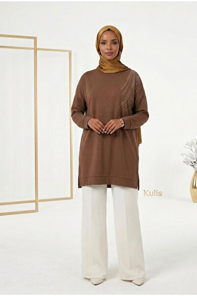wishne Stone Detailed Indigo Hijab Tunic – Casual Stylish Long Tunic Model