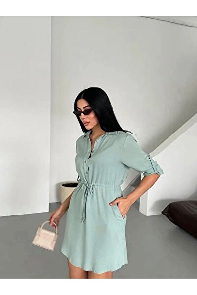modahira Moda Hira Yeşil Belden Baglama Detaylı Uzun - Gömlek Tunik