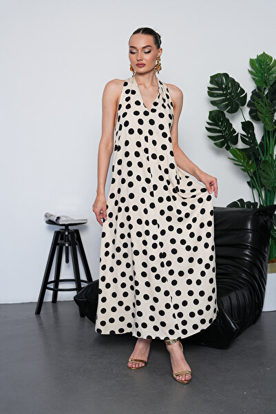 NAVY Halter Neck Backless Polka Dot Long Dress
