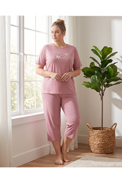 Hirazenmoda Boyraz Women's Large Size Cotton Capri Pajama Set
