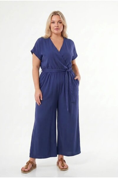 hazelin Women's Indigo Blue Plus Size V-Neck Belted Ayrobin Jumpsuit Hzl26S-Z...