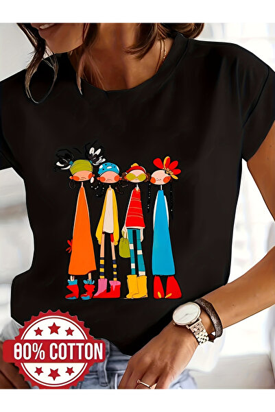 121 Women's Print T-Shirt - Colorful Abstract Design with Fun Characters, Sho...