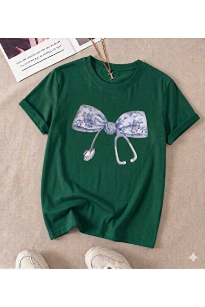 KOZİA OUTDOORS Women's Stethoscope Ribbon Printed Oversized Crew Neck T-Shirt