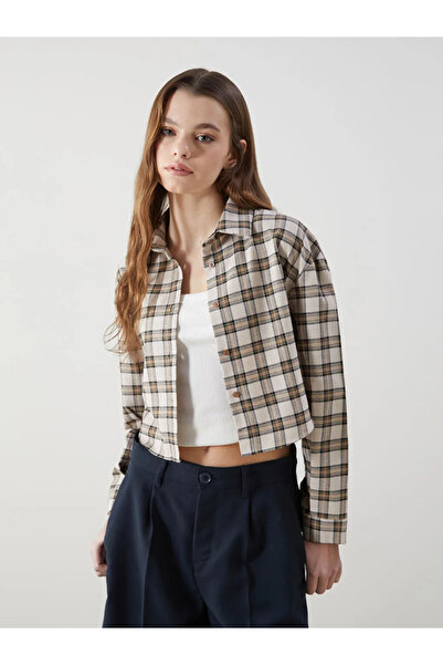 LC Waikiki Beige Plaid Crop Women's Shirt