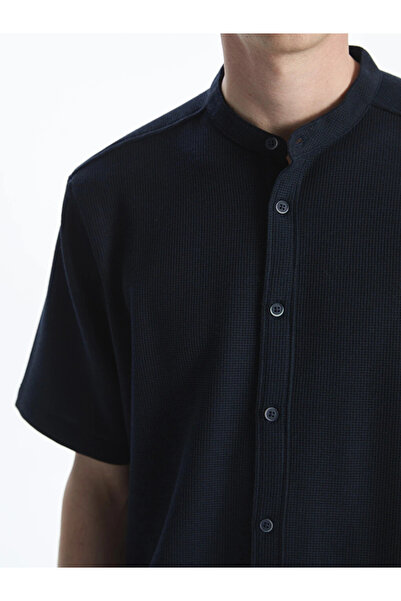LC Waikiki Navy Blue Regular Fit Short Sleeve Dobby Men's Textured Shirt