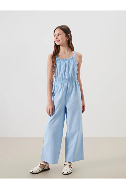 LC Waikiki Blue Square Collar Girl's Jumpsuit