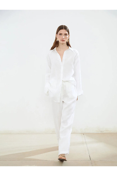 LC Waikiki White Elastic Waist 100% Linen Women's Trousers