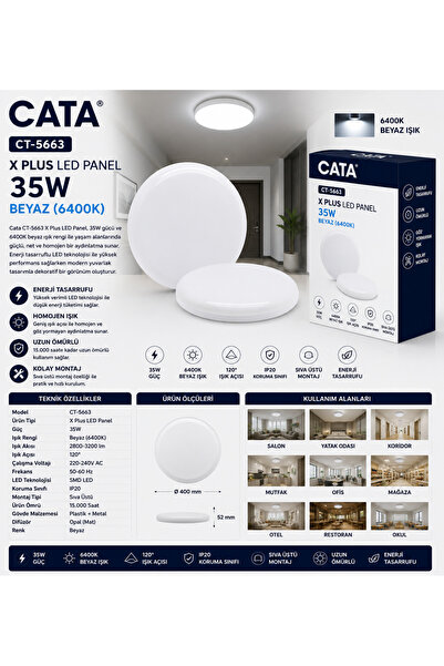 Cata CT-5663 X Plus LED Panel 35W Beyaz 6400K Sıva Üstü Yuvarlak LED Armatür