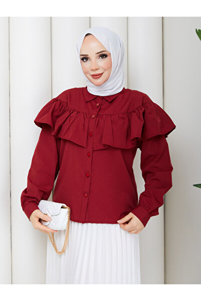 MİHRİZAR Women's Hijab Ruffled Flounce Detailed Long Sleeve Shirt Blouse