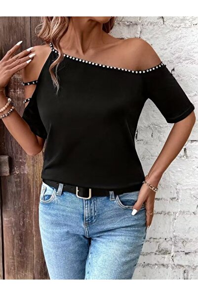 Gökyüzü Moda Women's Short Sleeve Open Shoulders Stripe Stone Detailed Viscos...
