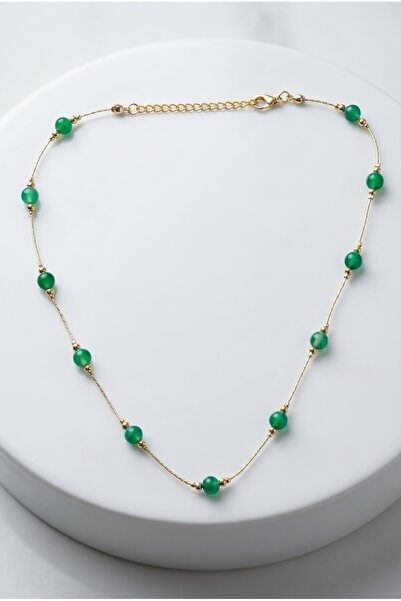 Mijja Green Agate Natural Stone, Gold Color Lacquer Coating, Anti-Tarnish, Ru...