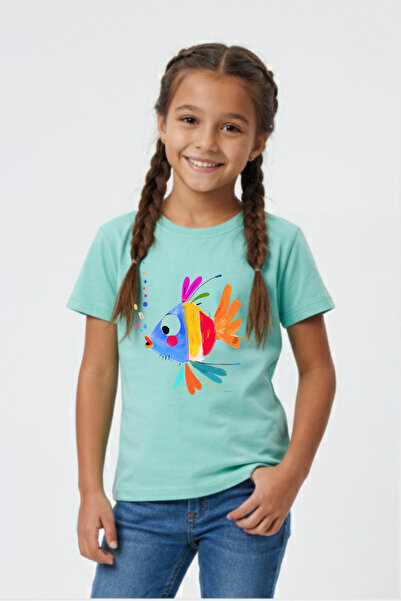 Windy Island Girl's "Fish" Printed 100% Cotton Crew Neck Short Sleeve T-Shirt