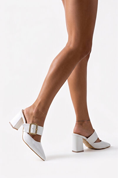 VİP SMR MODA Loys Banded Gold Buckle Detailed Pointed Toe High Thick Heeled W...