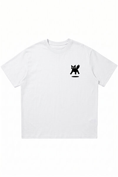 DASH WEAR Scared Cat Printed White Oversize Crew Neck T-Shirt