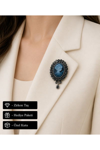 HER ŞEY NOTA www.herseynota.com Vintage Cameo Desenli Siyah Taşlı Kadın Broşu...
