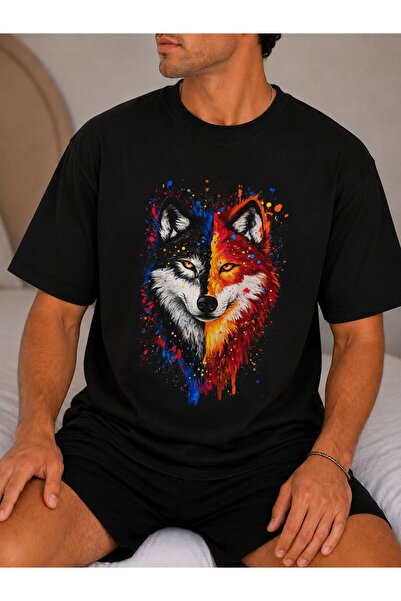 EYMORA Colorful Wolf Printed Crewneck T-Shirt