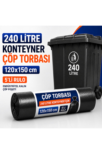 4K TEDARİK 240 Litre Konteyner Çöp Torbası 120x150 cm 5'li | Endüstriyel Kalı...
