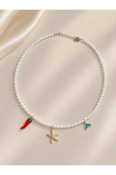 OZY COLLECTION Minimal, mini charm detaylı gerçek inci kolye, takma aparatı ç...