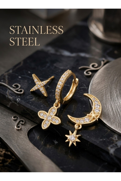 stainless steell Brass Zircon Stone Flower and Moon Model Gold Color 3-Piece ...