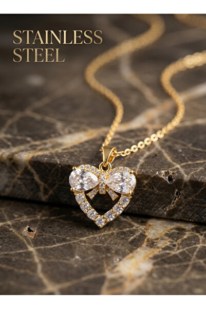 stainless steell سلسلة فولاذية 316L ذهبية اللون على شكل قلب وفيونكة مرصعة بحج...