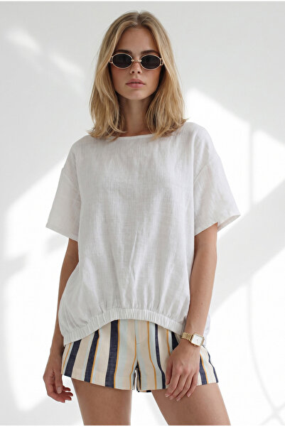Olalook Women's White Crew Neck Front Short Back Long Flam Cotton Blouse Blz-...