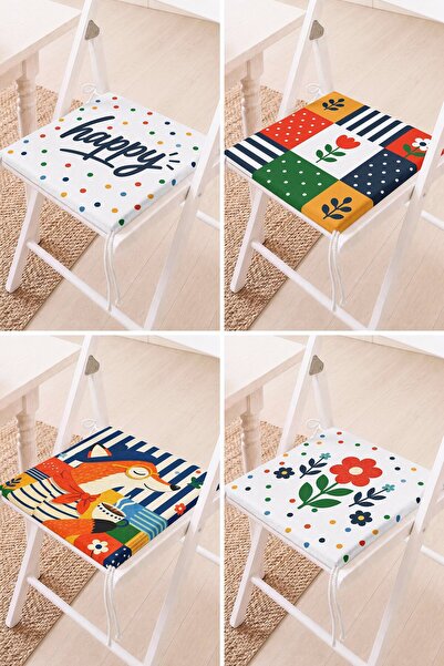 Home Set of 4 Lace-Up Chair Cushions with Happy Writing and Fox Figures