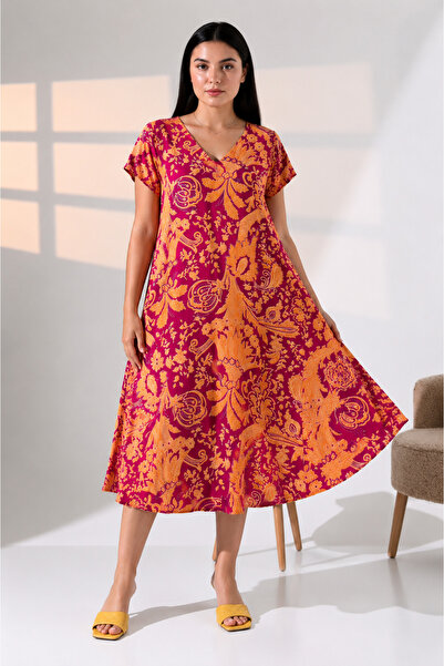 LİKAPA Summer Plus Size Viscose V-Neck Short Sleeve Dress 2688
