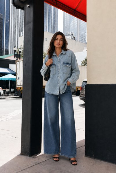 Safari Kadın Oversize Kot Gömlek Çift Cepli Kapaklı Denim Gömlek Uzun Kollu