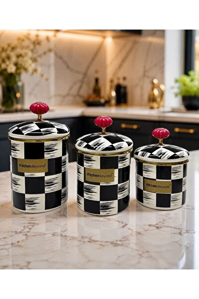Santara Acar Kitchen Beyond Damalı Seri Emaye 3'lü Kavanoz Baharatlık