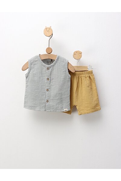 MiniKids Kidaxi муселинов летен комплект от горнище и долнище, зелено-жълт