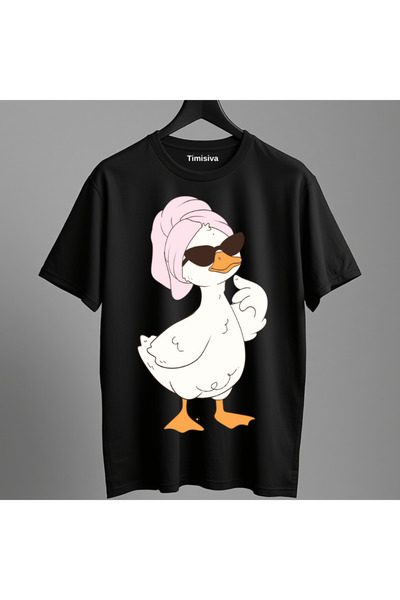 TİMİSİVA Unisex Oversized Printed Crew Neck Short Sleeve Black T-Shirt