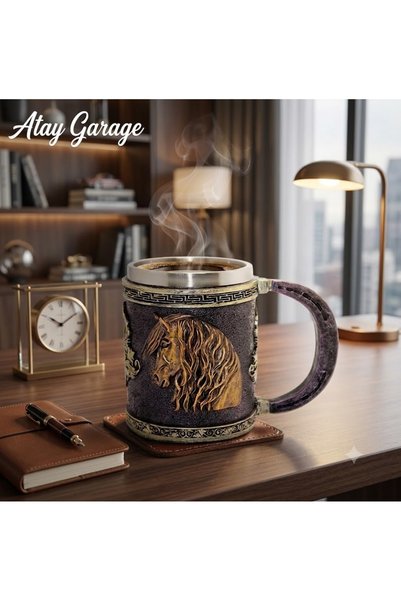 Atay Garage Design 3D Horse Head Mug - Decorative Metallic Stainless Steel Mug