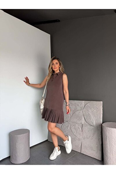 Zerrincan Giyim Kahve Polo Yaka Pileli Pike Elbise