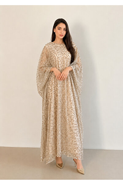 DVNA Luxury Beige Kaftan with Fully Embroidered Sequins Work Butterfly Sleeve...