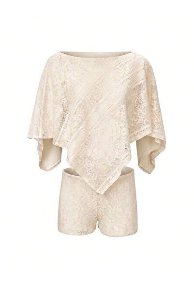 AQUELLA Cream knitted poncho shorts set