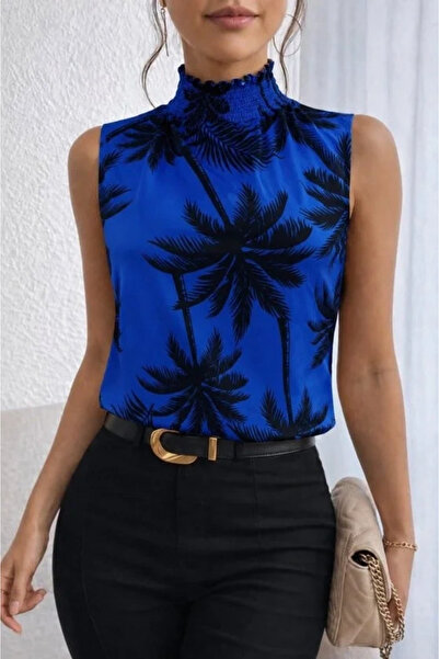 USLUCAN ALIŞVERİŞ Women's Sleeveless Turtleneck Patterned Single Jersey Blouse
