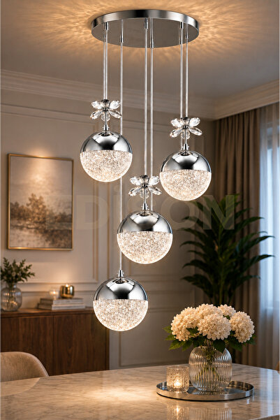 Edison 4'lü Gümüş Kristal Sarkıt Avize 3 Renk LED Modern Salon Yemek Masası M...