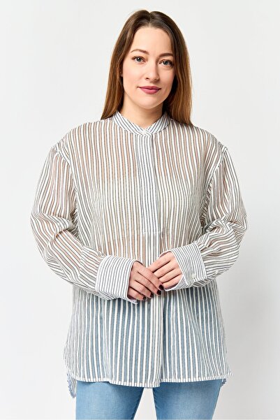 Calvin Klein Women Band Collar Long Sleeve Stripe Blouse, Multicolor