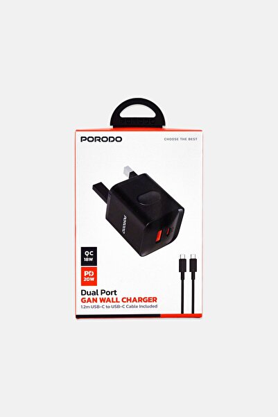 porodo Dual Port Gan Wall Charger, Black