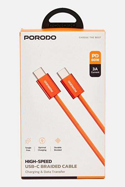 porodo كابل مجدول عالي السرعة من النوع C، برتقالي اللون
