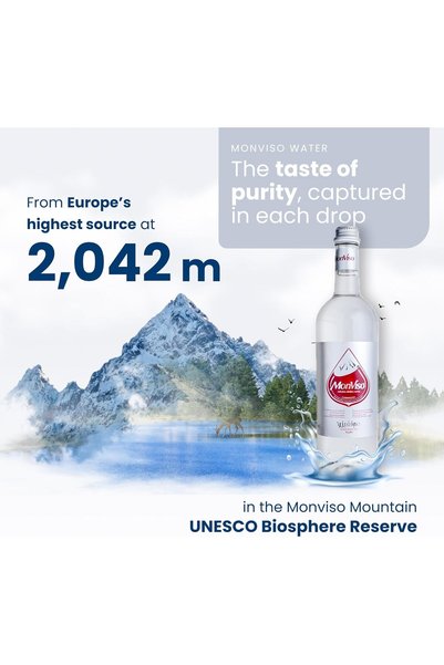 MONVISO Sparkling Mineral Water in Glass Bottle - 750 ml | Lowest Sodium 0.33 mg/l | Italian Water | Box of 12 Bottles