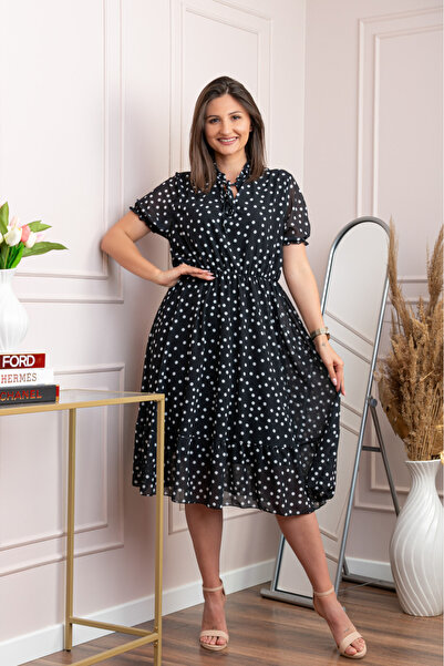 OEM Rochie retro Krista cu buline albe si maneci bufante - Negru