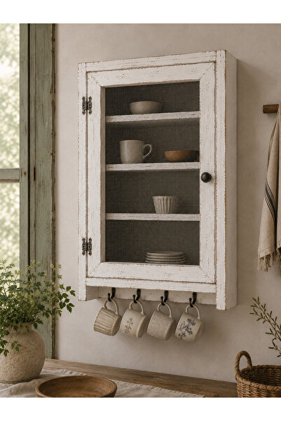 maison linden Eskitme Beyaz Tel Kapaklı Ahşap Duvar Dolabı 45x60 cm | Country...