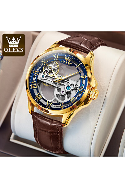 choice2 ساعة رجالية أوتوماتيكية OLEVS 6661 ذهبية زرقاء - تصميم مجوف بالكامل م...