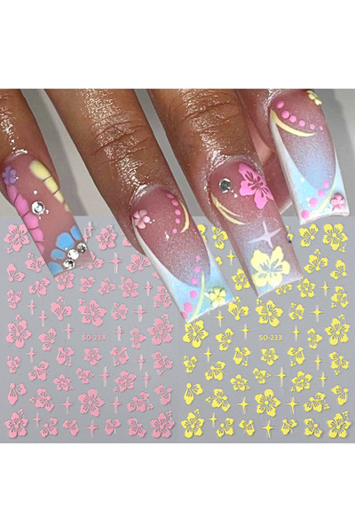 Choice SO-233 YellowPink 2/6pcs 3D Summer Hibiscus Flower Nail Stickers Set T...