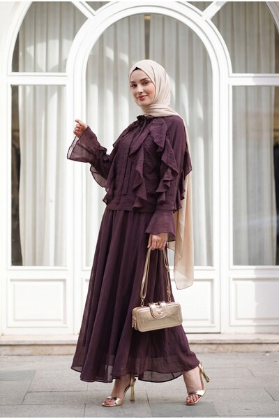 Modamorfo Tulle Modal Set with Tie Collar and Ruffled Front - Plum