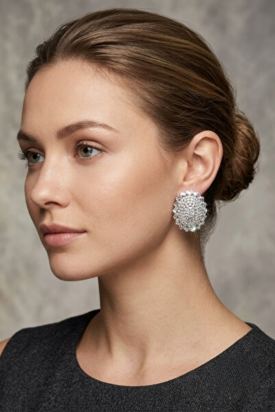 PETEK AKSESUAR Evening Dress Zircon Baguette Stone Oval Stud Earrings 3.5 Cm.